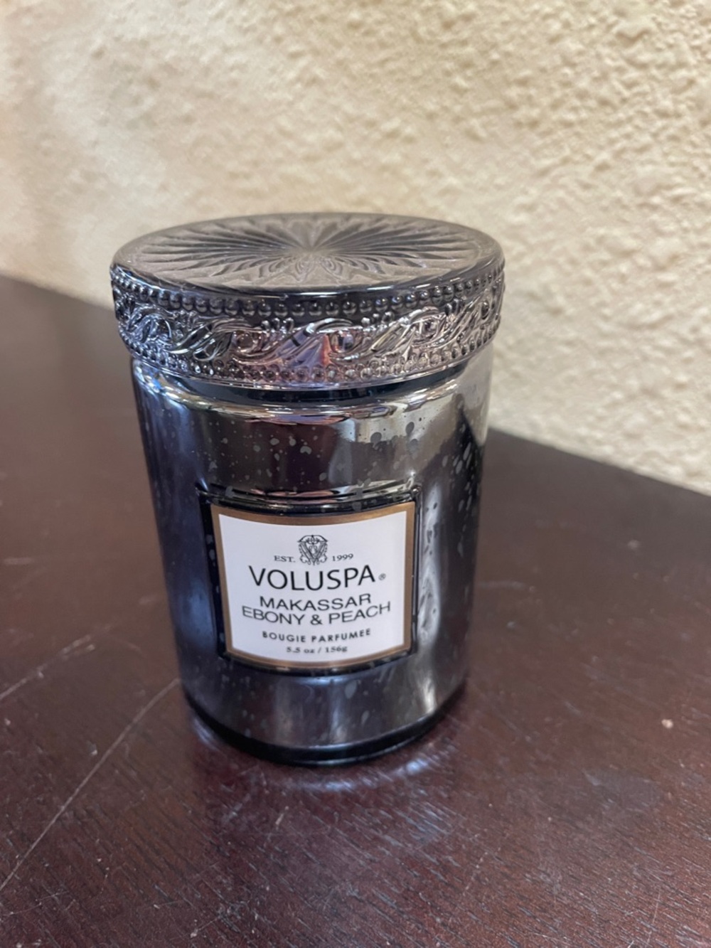 Voluspa Silver Mirrored Makassar Ebony & Peach Decorative Jar Candle 5.5oz 156g